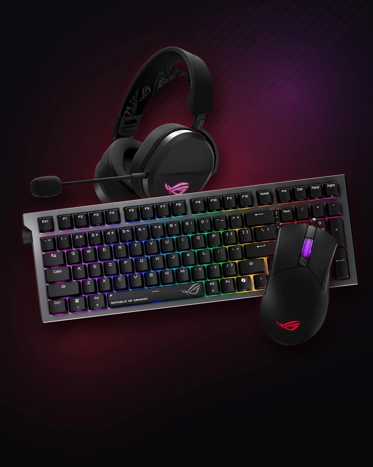 Klávesnice ASUS ROG Strix Morph 96, sluchátka ROG Pelta a myš ROG Gladius III na tmavém pozadí s červenou září