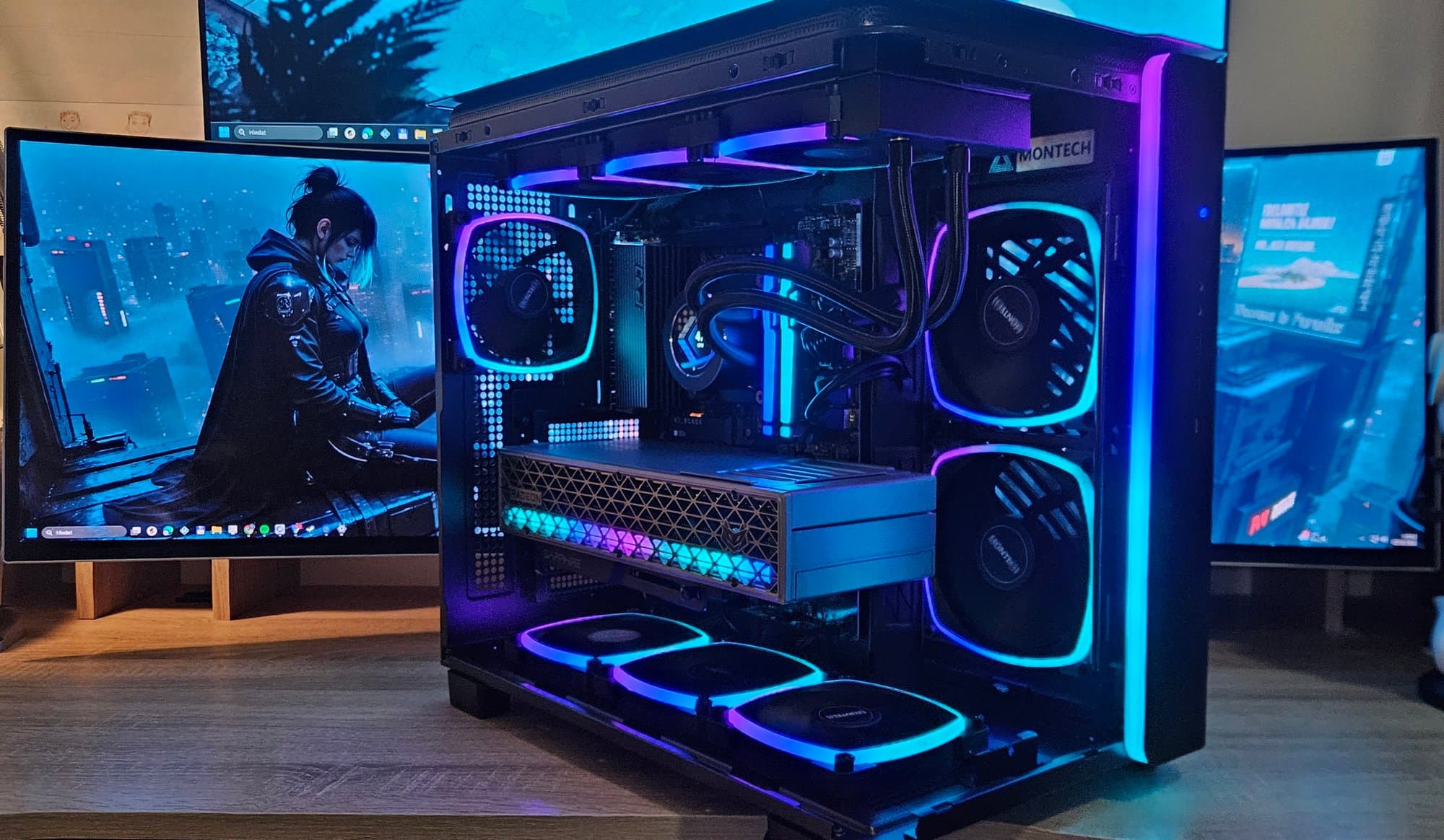 Herní PC sestava se 360mm vodním chladičem, ARGB ventilátory a cyberpunk tapetou – Erelen